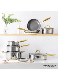 CAROTE 10 Piece Premium Heavy Stainless steel Tri-ply Bottom Cookware Set with Honeycomb design, gold handles, 1X16Cm Frying Pan, 1X24Cm Frying Pan, 1X28Cm Frying Pan, 1X28Cm Saucepan with Lid, 1X16Cm Saucepan, 1X20Cm Saucepan with Lid, 1x24Cm Casserole with Lid, Silver  - Image 1