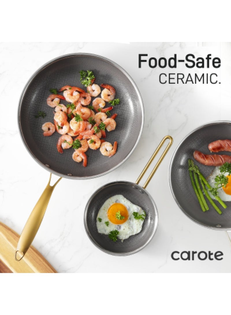 CAROTE 10 Piece Premium Heavy Stainless steel Tri-ply Bottom Cookware Set with Honeycomb design, gold handles, 1X16Cm Frying Pan, 1X24Cm Frying Pan, 1X28Cm Frying Pan, 1X28Cm Saucepan with Lid, 1X16Cm Saucepan, 1X20Cm Saucepan with Lid, 1x24Cm Casserole with Lid, Silver  - Image 2