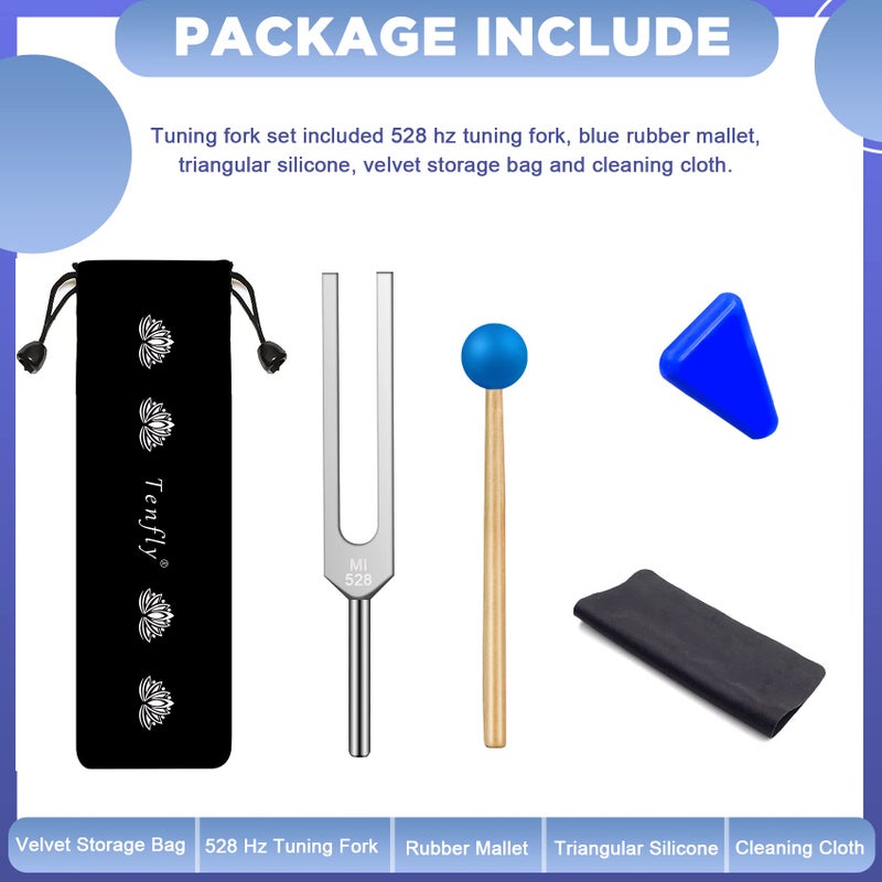 Tenfly 528 Hz Tuning Fork for Healing, DNA Repair, Reliever Stress and Perfect Healing Musical Instrument, with Blue Silicone Hammer - Image 2