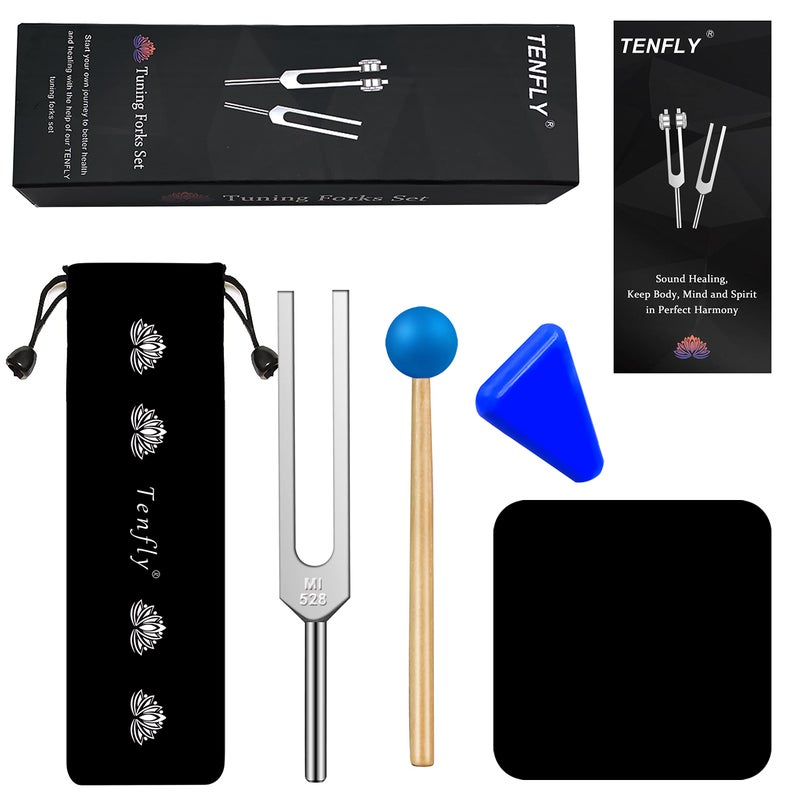 Tenfly 528 Hz Tuning Fork for Healing, DNA Repair, Reliever Stress and Perfect Healing Musical Instrument, with Blue Silicone Hammer - Image 1