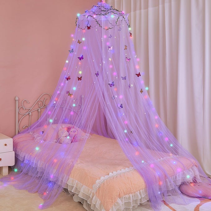 BED CANOPY FOR GIRLS ROOM BED CANOPY CURTAINS WITH LED LIGHTS MOSQUITO NET DIY PRINCESS ROOM DCOR WITH STARS BUTTERFLIES FOR KIDS BEDROOM PURPLE