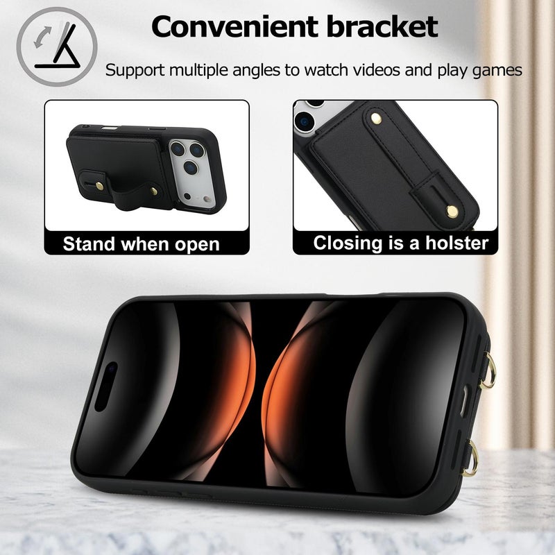 For iPhone 17 Pro Wristband Vertical Flip Wallet Back Cover Phone Case with Long Lanyard(Black) - Image 4