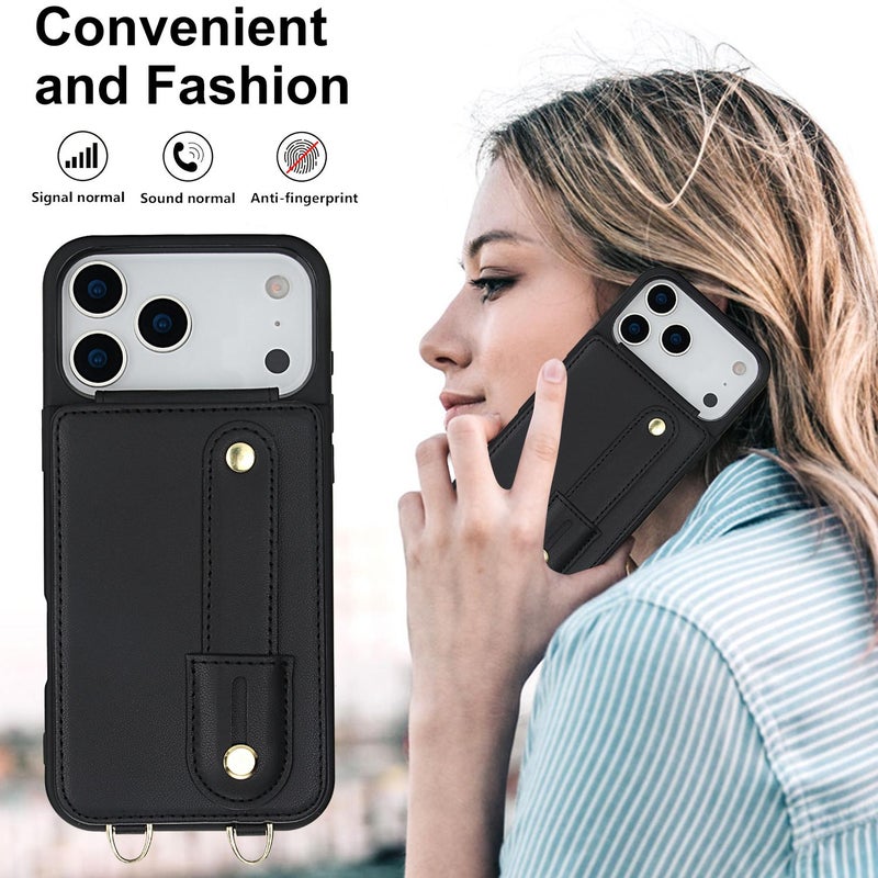 For iPhone 17 Pro Wristband Vertical Flip Wallet Back Cover Phone Case with Long Lanyard(Black) - Image 5