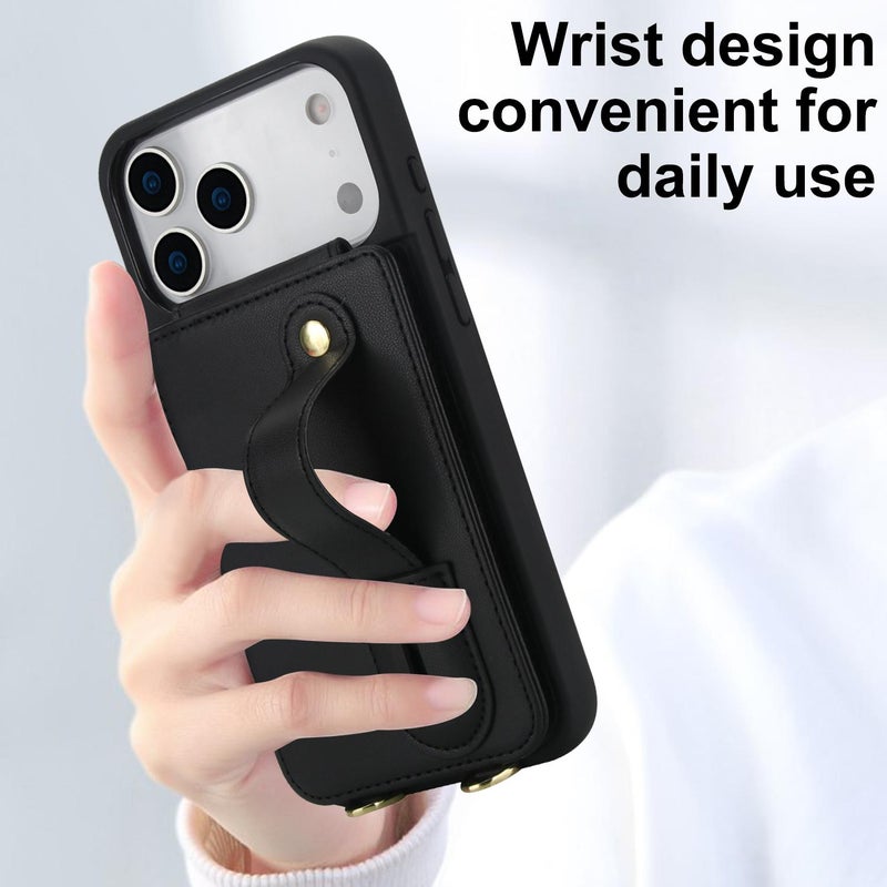 For iPhone 17 Pro Wristband Vertical Flip Wallet Back Cover Phone Case with Long Lanyard(Black) - Image 2