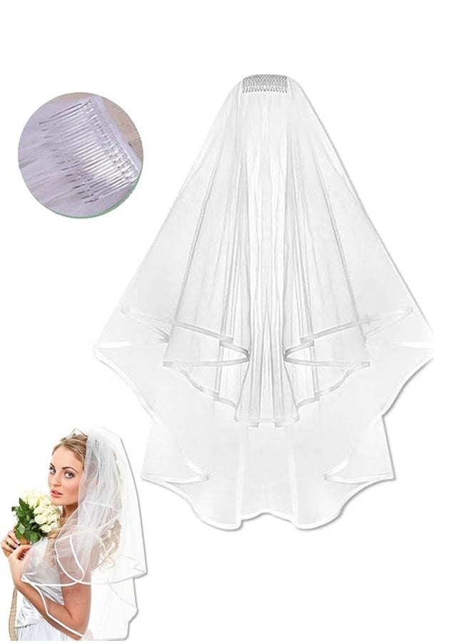 Quantum Bridal Veil, Bridal Veil White Double Ribbon Edge Wedding Veil, Wedding Veils Women's White Tulle Short Veils Ribbon Edge With Comb for Brides - Image 1