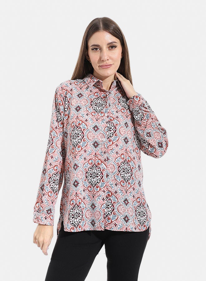 Andora Turned Down Collar Long Sleeves Blouse_White & Blue & Pink - Image 1
