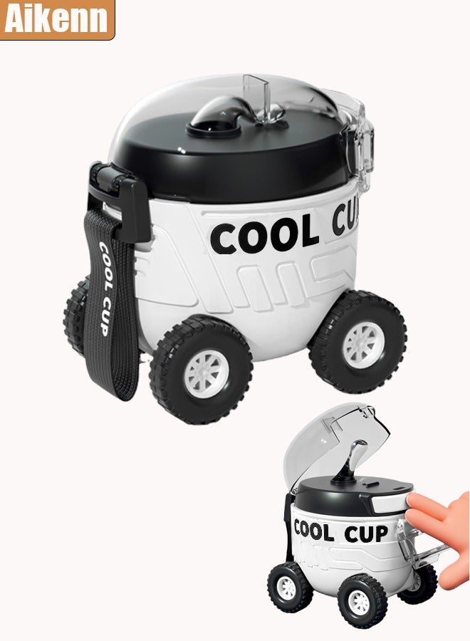 أيكين زجاجة مياه للأطفال على شكل سيارة، 18 أونصة/550 مل مع ماصة سيليكون، كوب شرب مانع للتسرب للمنزل والسفر، تصميم إبداعي لطيف، أبيض - Image 1