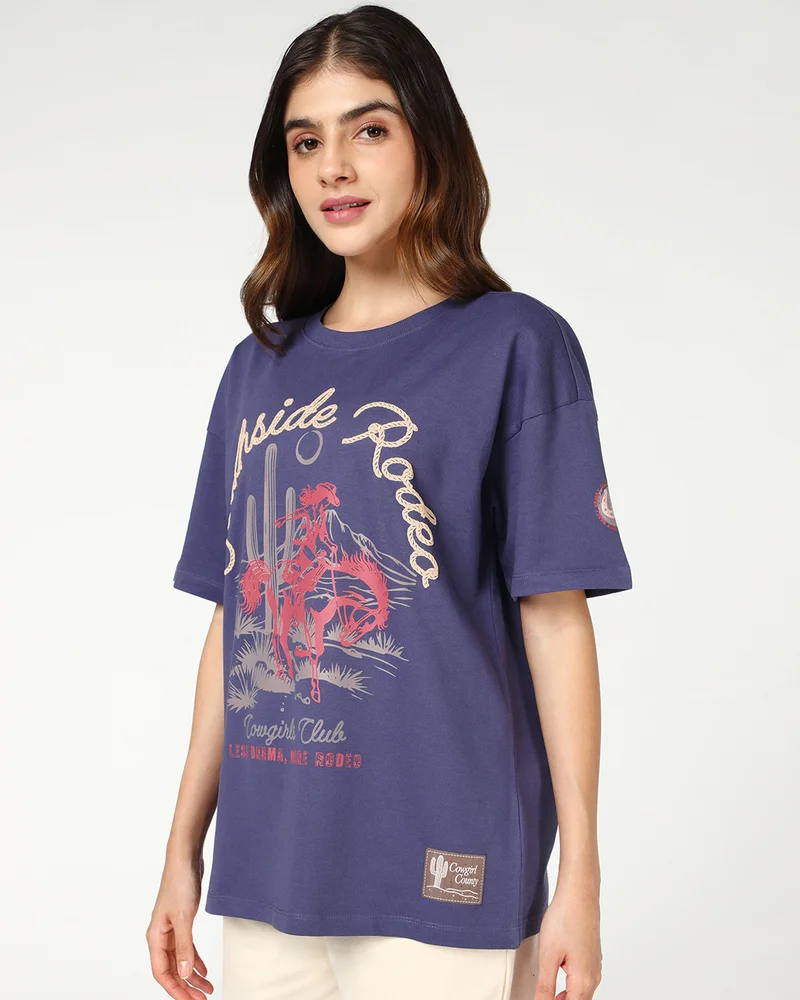 bewakoof Women's Skipper Blue Rodeo Graphic Printed Oversized T-shirt