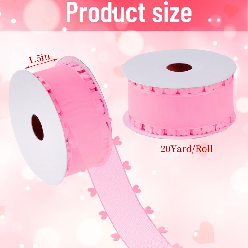 jiebor Valentine Ribbon Heart Wrapping Ribbon for Wedding Gift Wrapping Party Decoration Crafts 1.5 Inch x 20 Yards (Pink) - Image 2