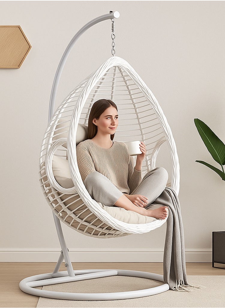 KARNAK White Rattan Hanging Egg Chair with Stand – Indoor & Outdoor Swing Chair with Cushions (Random Cushion Color)  - Image 3