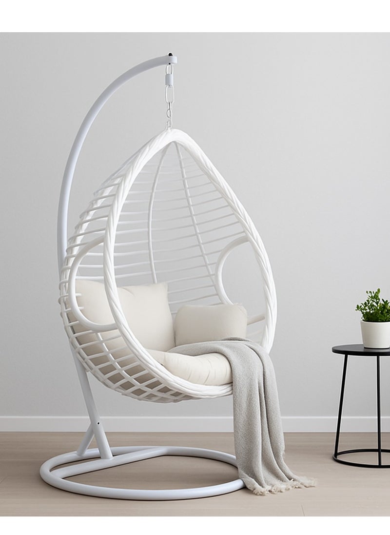 KARNAK White Rattan Hanging Egg Chair with Stand – Indoor & Outdoor Swing Chair with Cushions (Random Cushion Color)  - Image 2