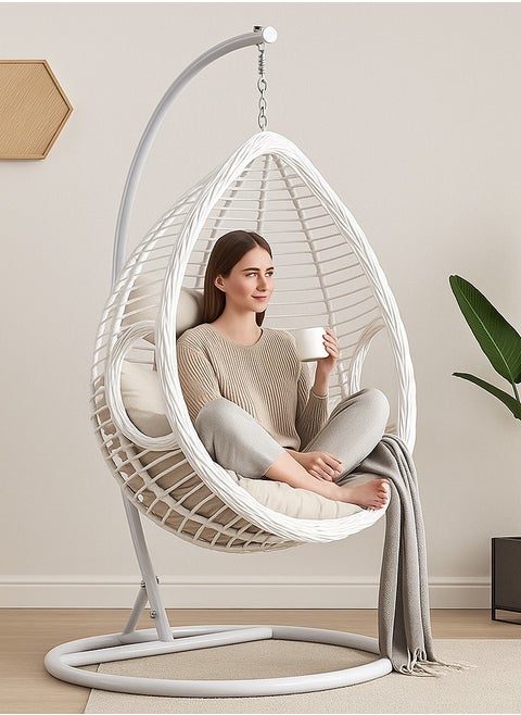 White Rattan Hanging Egg Chair with Stand – Indoor & Outdoor Swing Chair with Cushions (Random Cushion Color)