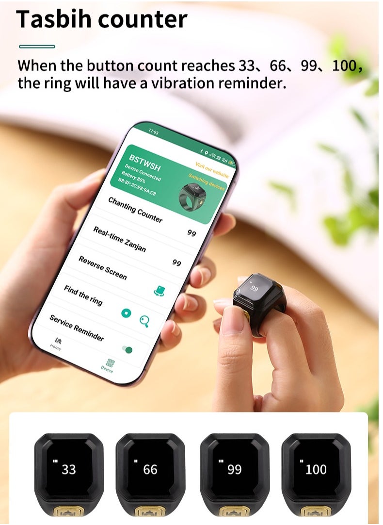 Beauenty - Smart Tasbih Zikr Ring, Prayer Tasbeeh Counter, Muslim Prayer Time Reminder, OLED Display, Wireless Bluetooth Connection App, Waterproof Wearable Device, Including Beads Tasbih, 20mm, Green - Image 1