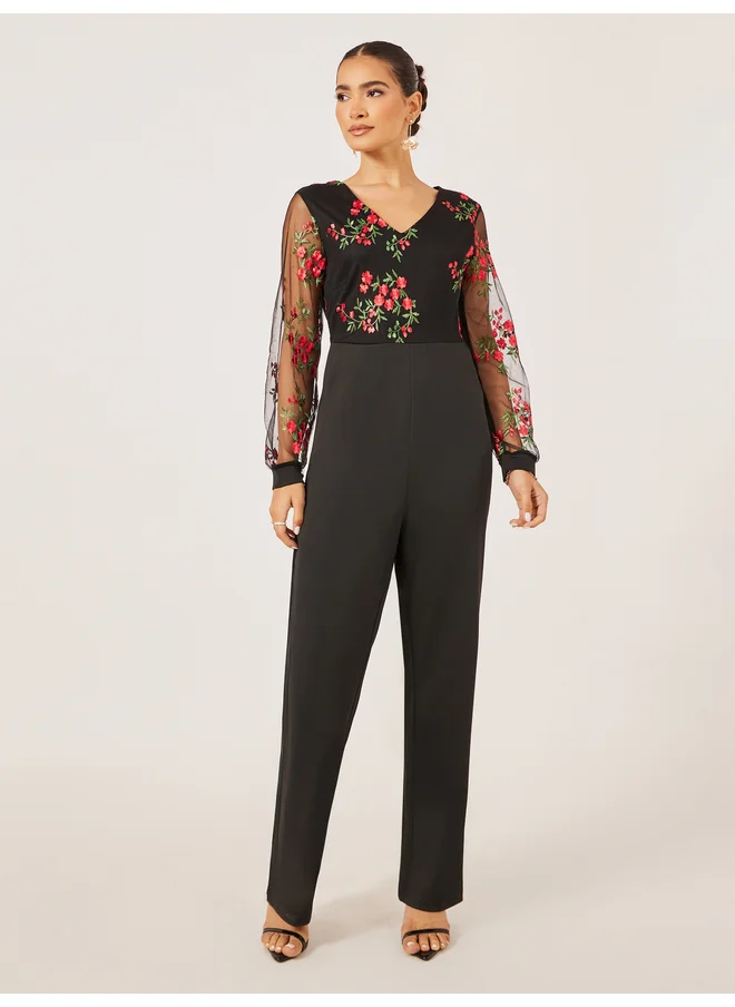 ستايلي Styli Embroidered Mesh V Neck Wide Leg Jumpsuit