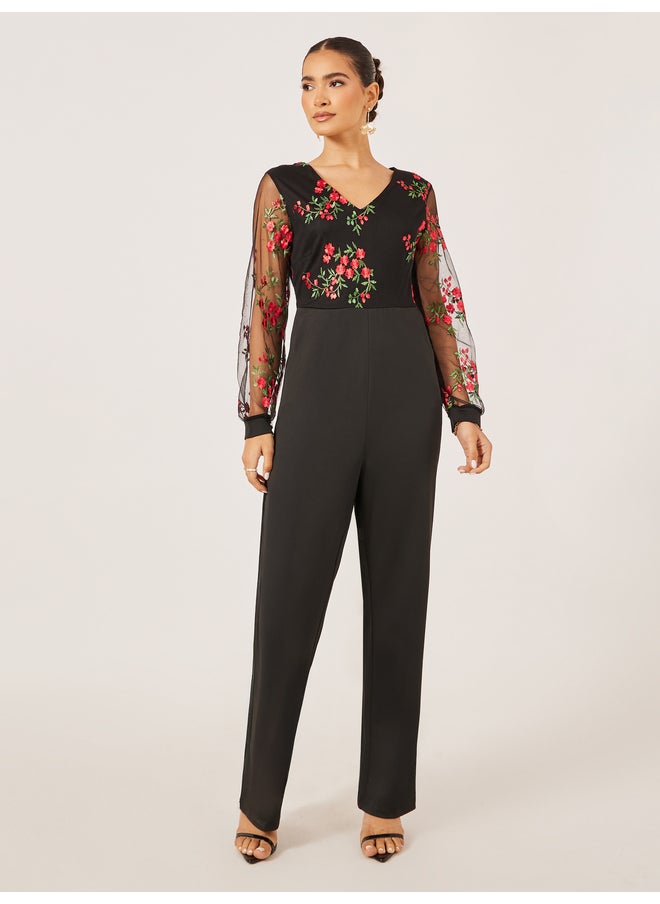 Styli Styli Embroidered Mesh V Neck Wide Leg Jumpsuit  - Image 1