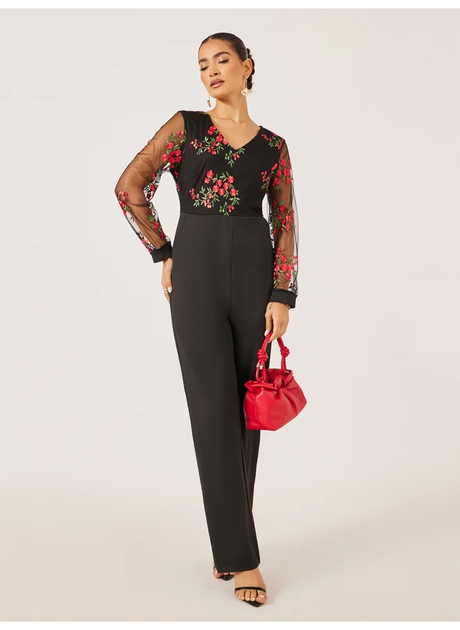 ستايلي Styli Embroidered Mesh V Neck Wide Leg Jumpsuit