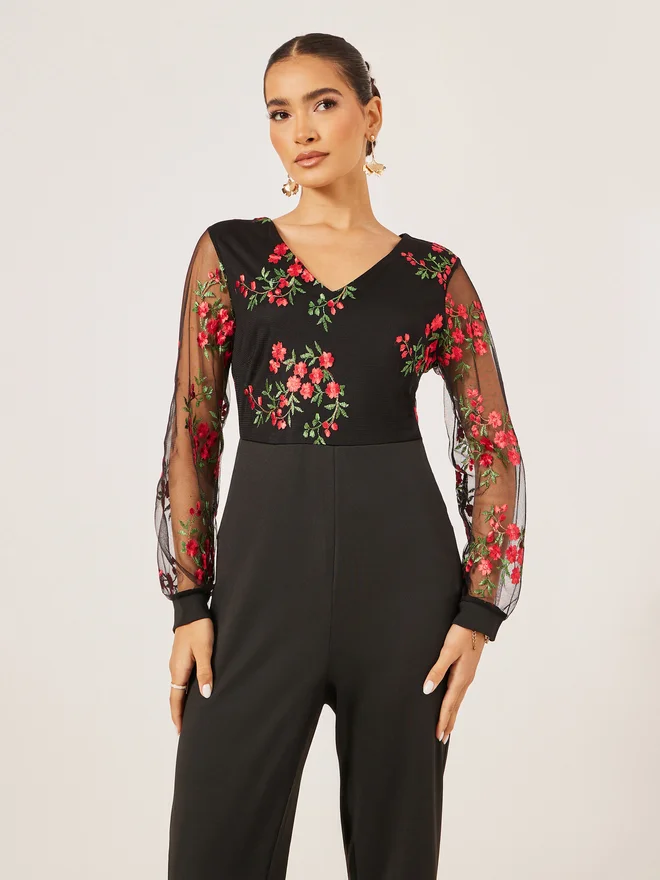 Styli Styli Embroidered Mesh V Neck Wide Leg Jumpsuit