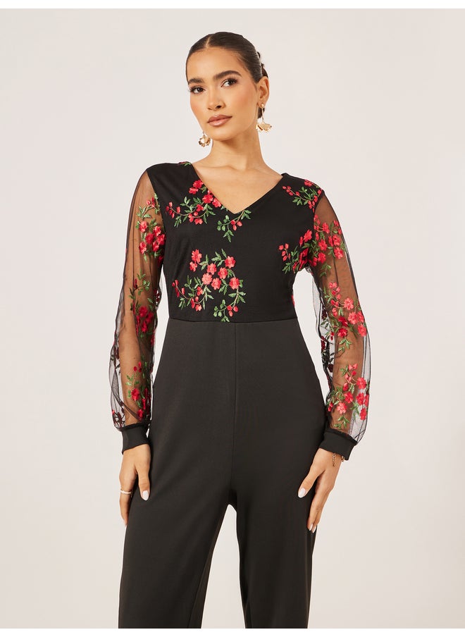 Styli Styli Embroidered Mesh V Neck Wide Leg Jumpsuit  - Image 3