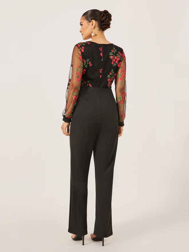 Styli Styli Embroidered Mesh V Neck Wide Leg Jumpsuit