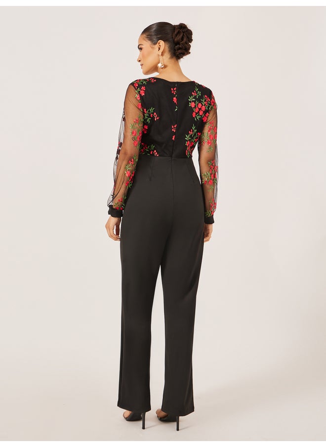Styli Styli Embroidered Mesh V Neck Wide Leg Jumpsuit  - Image 5