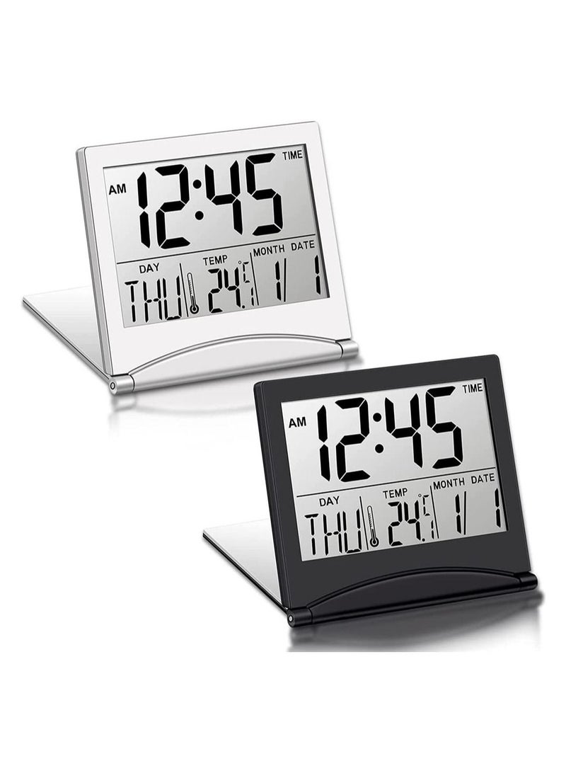 Captaintech Digital Travel Alarm Clock, 2 Pieces Foldable Calendar and Temperature and Timer LCD Clock with Snooze Mode, Large Number Display, Multifunction Small Portable Clock Desk Clock (Black, Silver) - Image 1