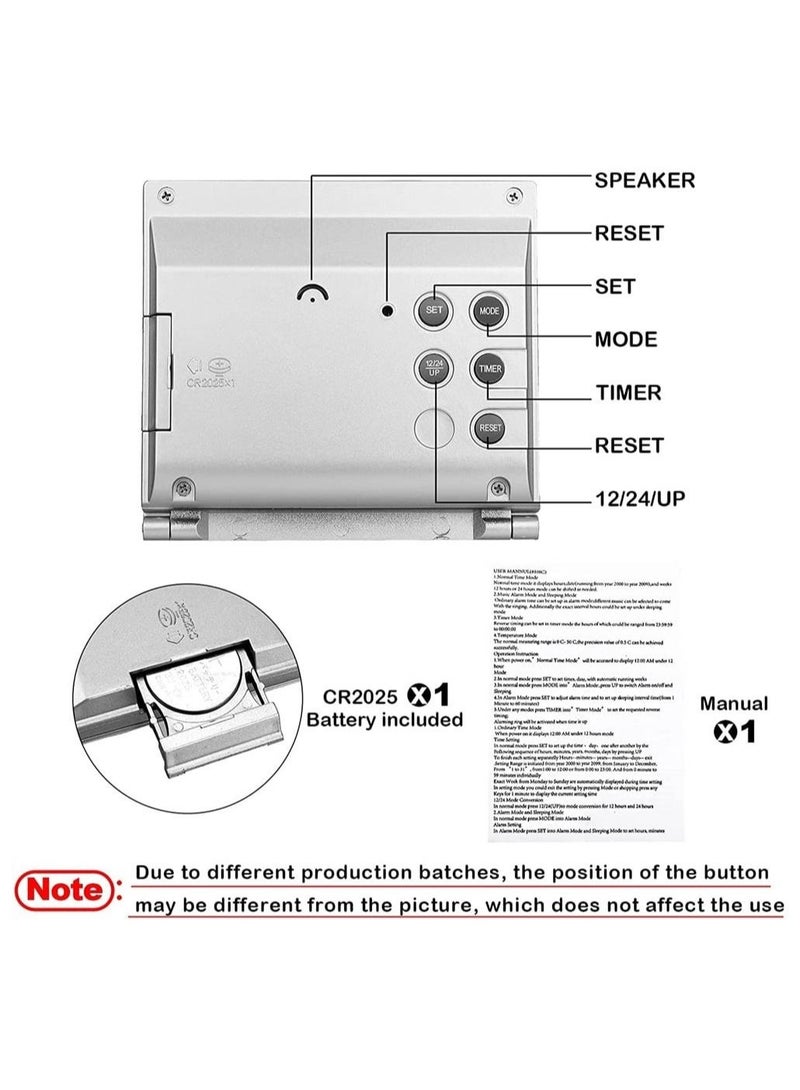Captaintech Digital Travel Alarm Clock, 2 Pieces Foldable Calendar and Temperature and Timer LCD Clock with Snooze Mode, Large Number Display, Multifunction Small Portable Clock Desk Clock (Black, Silver) - Image 3