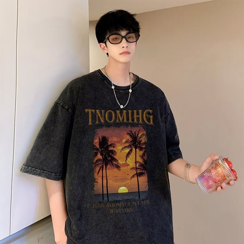 New Short-Sleeved T-Shirt Men'S Summer Korean-Style Trendy Printed Half-Sleeved Cotton Top Loose Casual Trendy Brand T-Shirt - Image 1