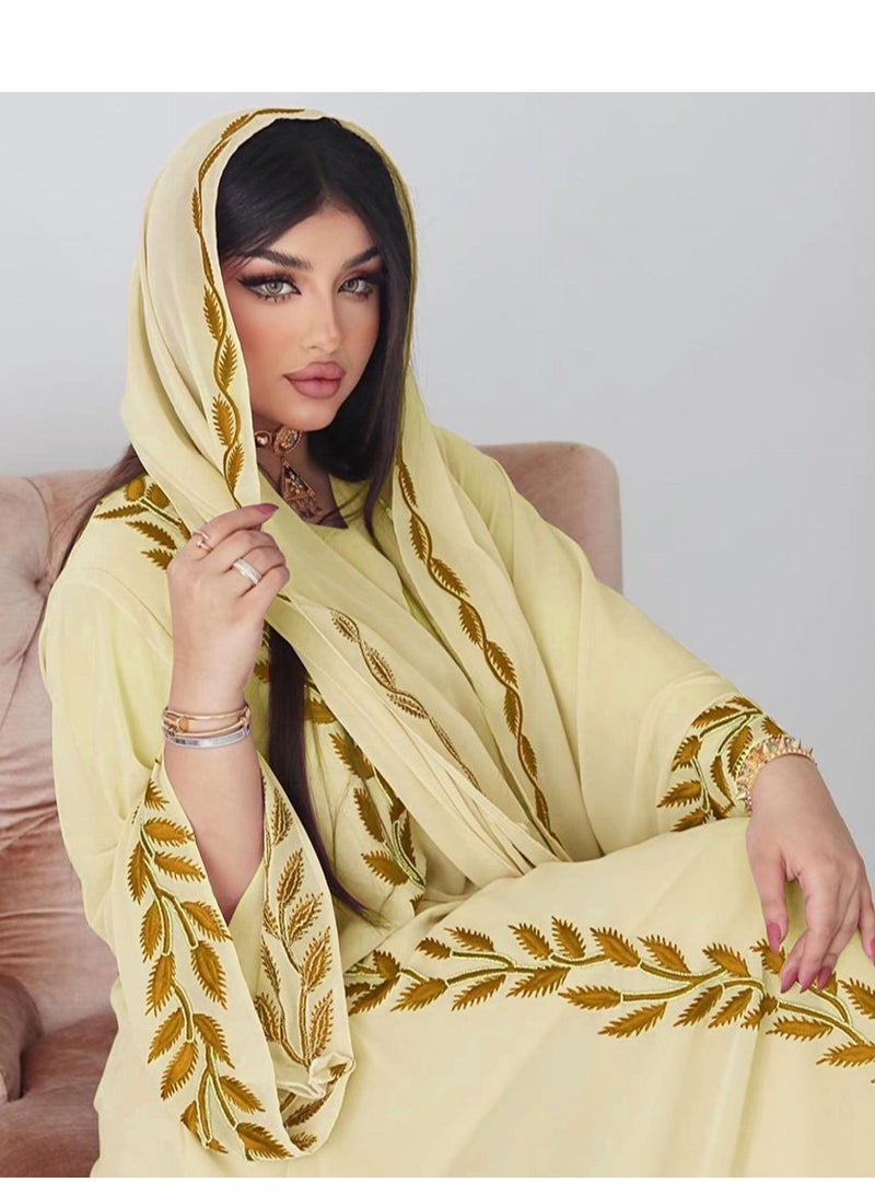 Best Gift Fashion عباية شيفون مطرزة بالورود مع حجاب باللون الأصفر - Image 2