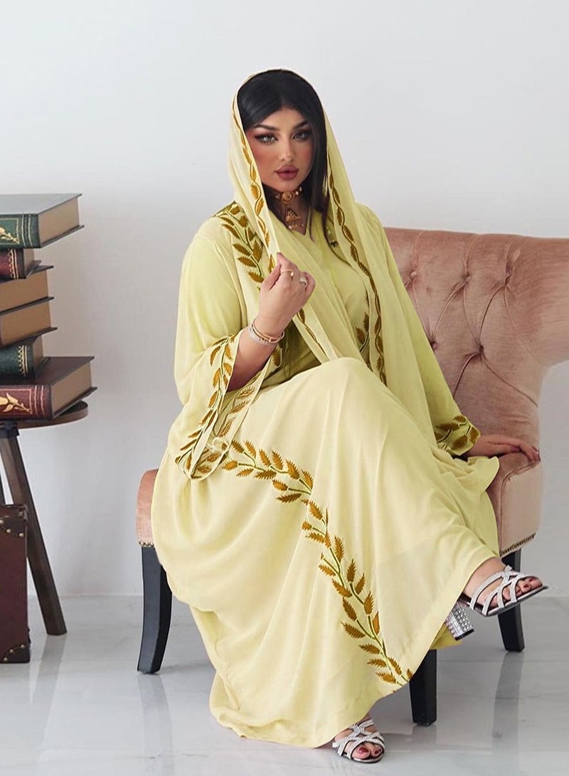 Best Gift Fashion عباية شيفون مطرزة بالورود مع حجاب باللون الأصفر - Image 3