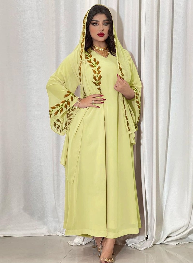 Best Gift Fashion عباية شيفون مطرزة بالورود مع حجاب باللون الأصفر - Image 5