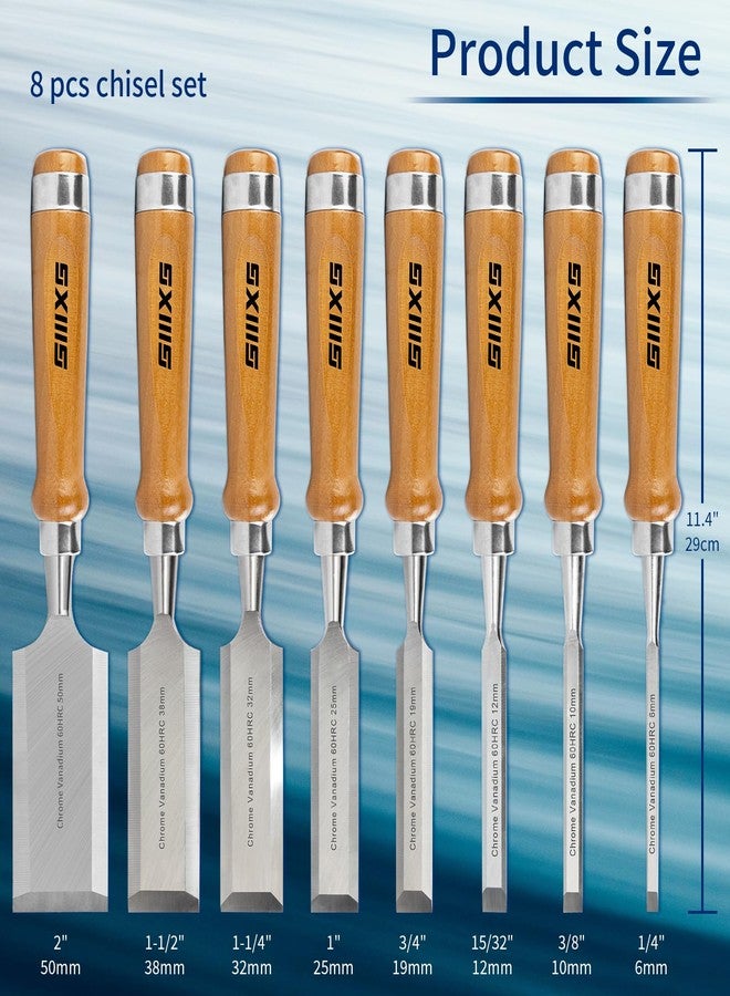 SIIIXS 8 Piece Premium Wood Chisel Set, 8 Pieces Wood Chisels with 1 Piece Honing Guide and 1 Piece Sharpening Stone - Image 2
