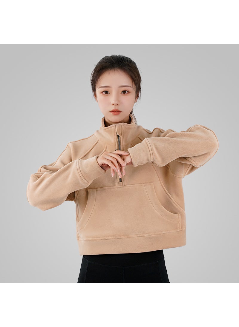 Generic - Lulu Autumn/Winter Sweatshirt Cropped With Hoodie Pullover Yoga Sweatshirt Half-zip Fleece Sports Sweatshirt Jacket For Women Khaki - Image 1
