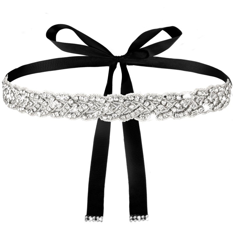 Telooco Bridal Wedding Waist Belt Silver Glitter Rhinestone Sash Belt Handmade Black Ribbon Crystal Belt for Bride Women Formal Dress - Image 1