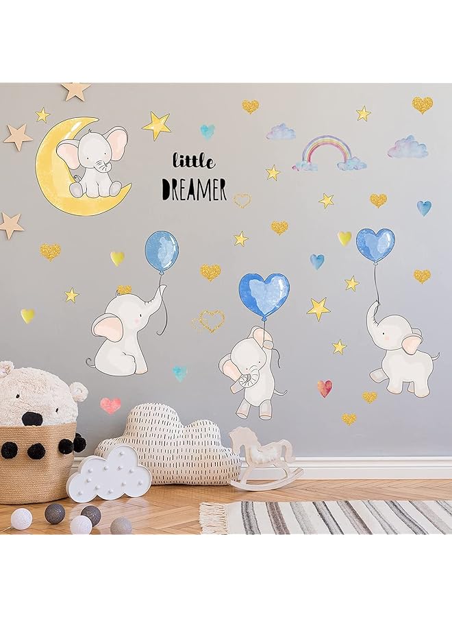 Colorful Balloon Flying Animals Wall Decals Cute Elephant Love Hearts And Stars Wall Stickers Removable Peel And Stick Cartoon Neutral Vinyl Wall Decor For Kids Bedroom Living Room