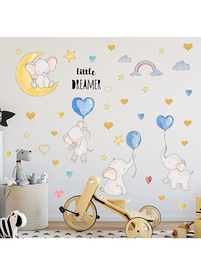 Colorful Balloon Flying Animals Wall Decals Cute Elephant Love Hearts And Stars Wall Stickers Removable Peel And Stick Cartoon Neutral Vinyl Wall Decor For Kids Bedroom Living Room