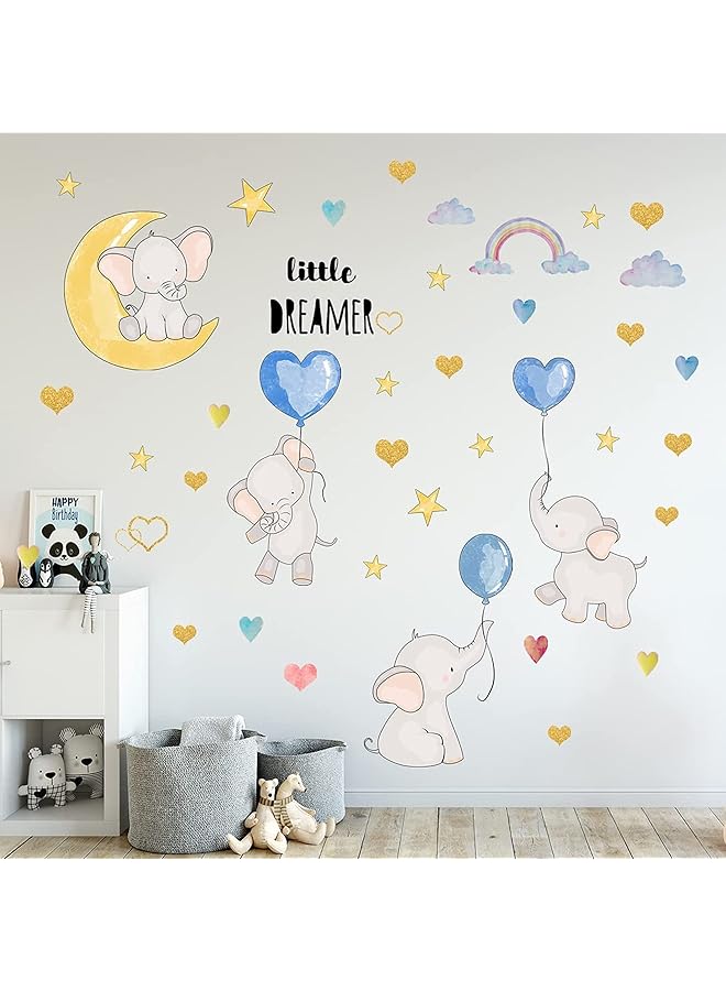 Colorful Balloon Flying Animals Wall Decals Cute Elephant Love Hearts And Stars Wall Stickers Removable Peel And Stick Cartoon Neutral Vinyl Wall Decor For Kids Bedroom Living Room