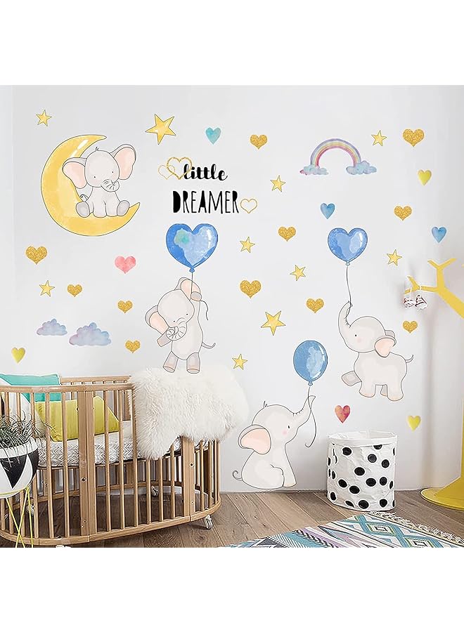 Colorful Balloon Flying Animals Wall Decals Cute Elephant Love Hearts And Stars Wall Stickers Removable Peel And Stick Cartoon Neutral Vinyl Wall Decor For Kids Bedroom Living Room