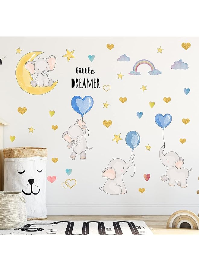 Colorful Balloon Flying Animals Wall Decals Cute Elephant Love Hearts And Stars Wall Stickers Removable Peel And Stick Cartoon Neutral Vinyl Wall Decor For Kids Bedroom Living Room