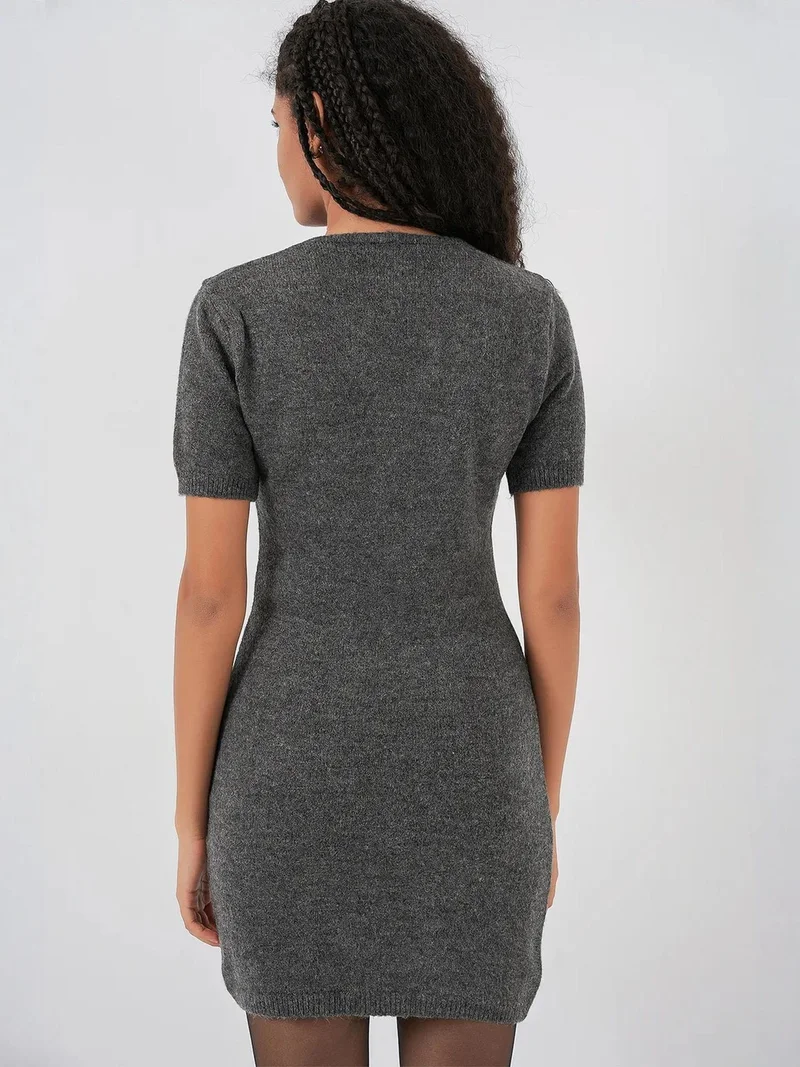 Big Dart Charcoal Grey BDART Accessory Detail Bodycon Mini Knitwear Dress for Women | Best Price UAE