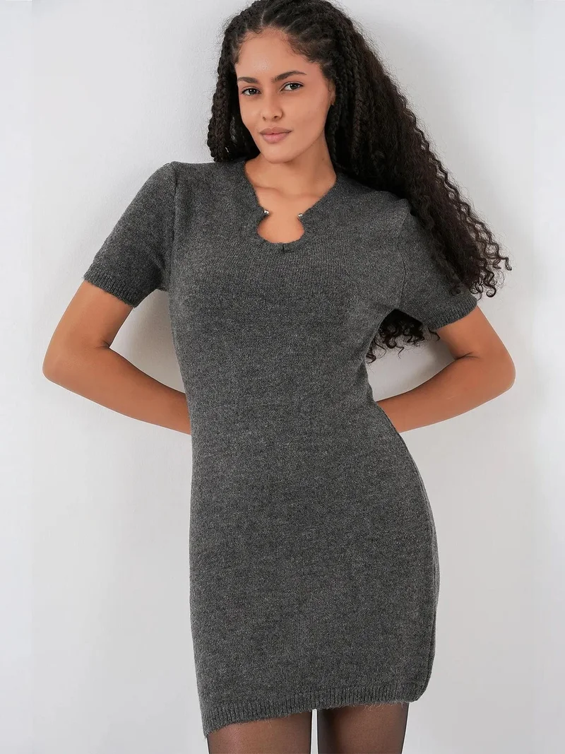 Big Dart Charcoal Grey BDART Accessory Detail Bodycon Mini Knitwear Dress for Women | Best Price UAE