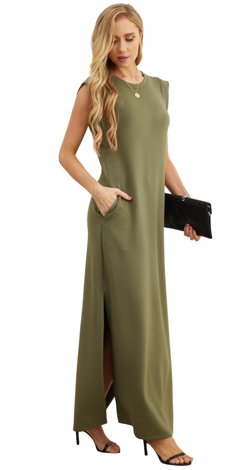 GRECERELLE Women's Summer Casual Crew Neck Split Beach Long Maxi Dress with Pockets (XX-Large, Army Green) - Image 4