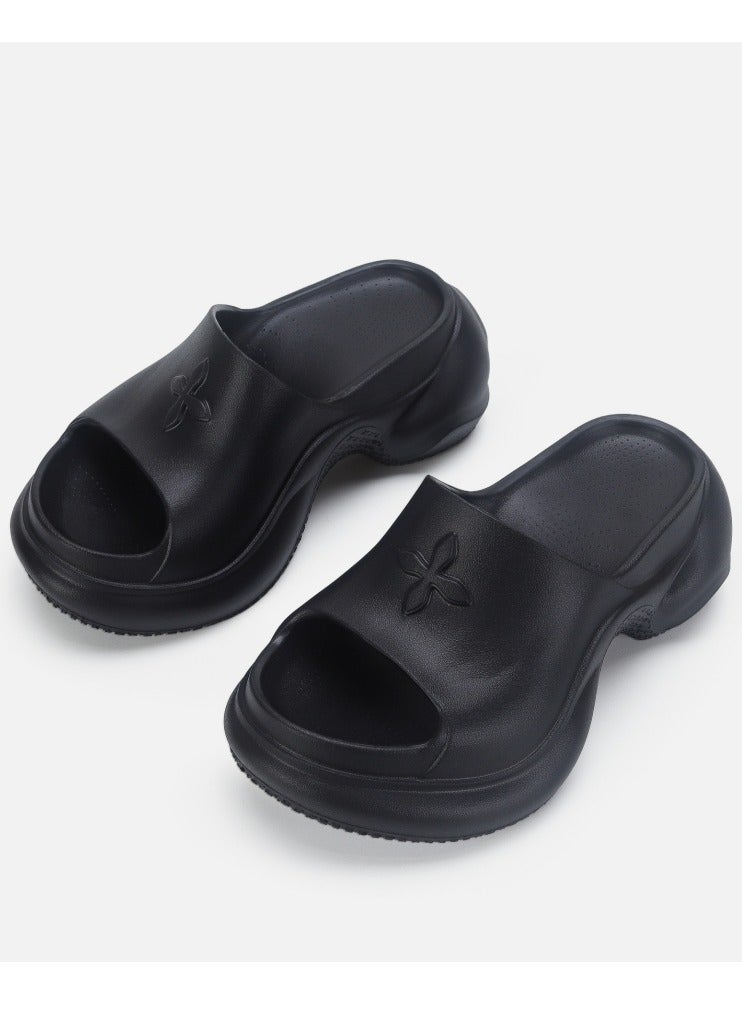 Loquat Pillow Slippers Thick Sole Wedge Non Slip Fish Mouth Outdoor Beach Slippers Black  - Image 1