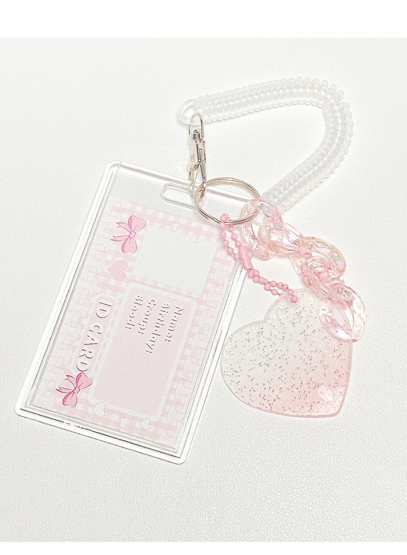 Acrylic Photocard Holders Keychain ID Badge Holder with Spiral Wrist Coil Transparent Card Waterproof Photo Protector for School Office Access Women Girls (Pink, 2Pcs) - Image 1