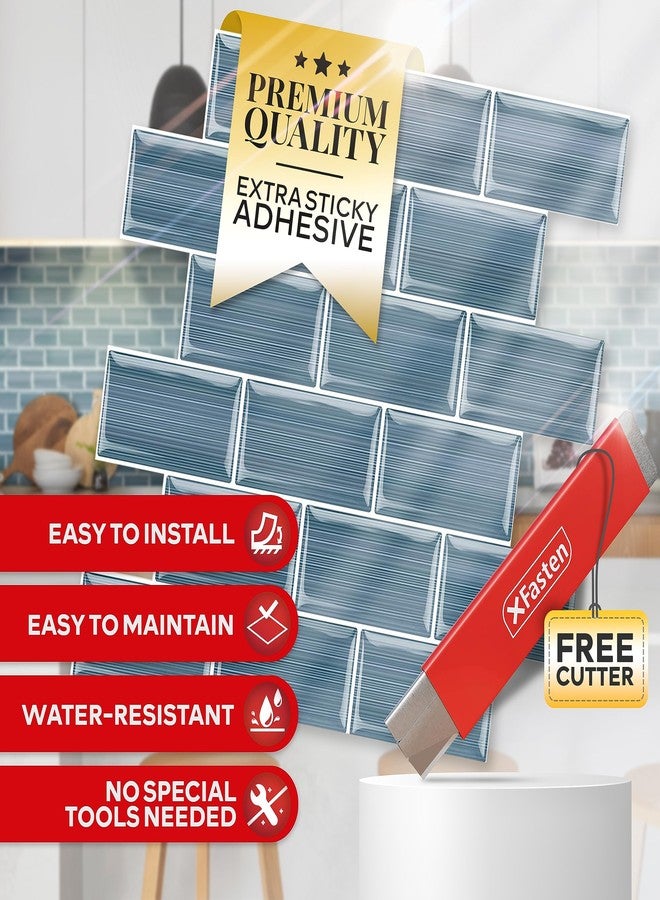 إكس فاستين بلاط XFasten Backsplash للمطبخ، بلاط قابل للتقشير واللصق، 10 قطع، 12 بوصة × 12 بوصة مع قاطع صغير، بلاط مترو أنفاق أزرق للخلف، بلاط جدران المطبخ والحمام المقاوم للماء - Image 2