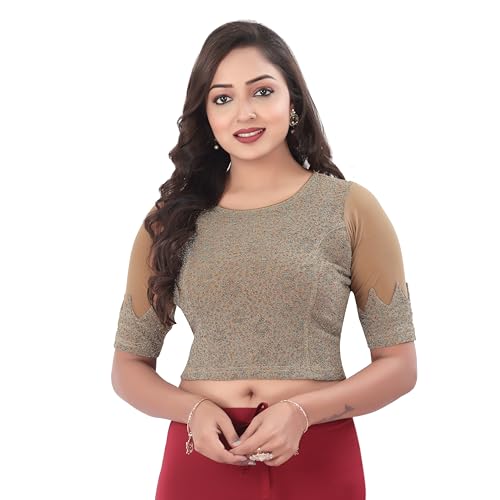 DESI GIRL - Round Neck Jacquard Regular Fit Saree Blouse for Women | Half Sleeve Readymade Stretchy Embroidered Design Festive Blouse Perfect for Saree, Lehenga, Kurti | Chiku - 32 - Image 1