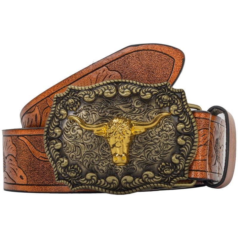 UTOWO Western PU-Leather Cowboy Cowgirl Buckle Belt for Men Women Jeans - Engraved Floral Golden Longhorn Bull Texas Buckle Belt - Image 3