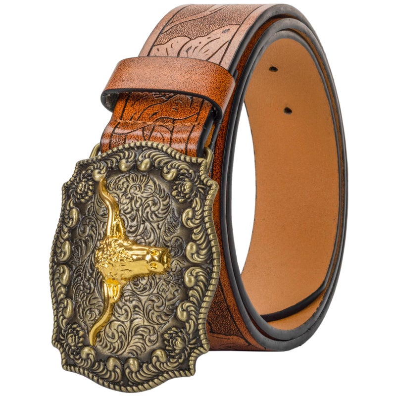 UTOWO Western PU-Leather Cowboy Cowgirl Buckle Belt for Men Women Jeans - Engraved Floral Golden Longhorn Bull Texas Buckle Belt - Image 1