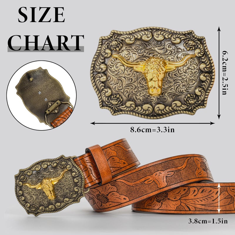 UTOWO Western PU-Leather Cowboy Cowgirl Buckle Belt for Men Women Jeans - Engraved Floral Golden Longhorn Bull Texas Buckle Belt - Image 5