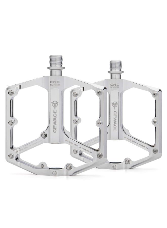 GEWAGE Road/Mountain Bike Pedals - 3 Bearings Bicycle Pedals - 9/16” CNC Machined Flat Pedals with Removable Anti-Skid Nails (Silver) - Image 1