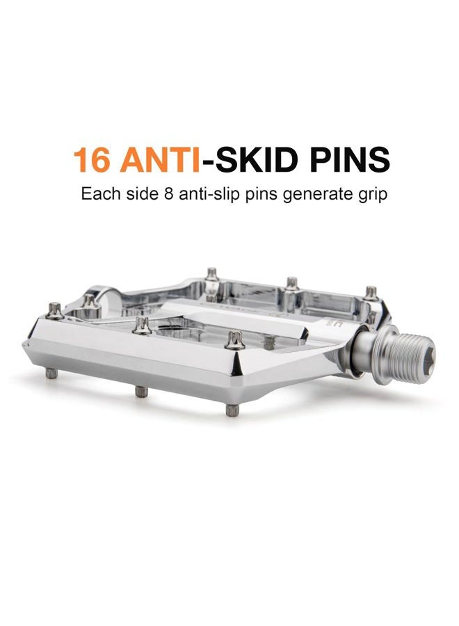 GEWAGE Road/Mountain Bike Pedals - 3 Bearings Bicycle Pedals - 9/16” CNC Machined Flat Pedals with Removable Anti-Skid Nails (Silver) - Image 3